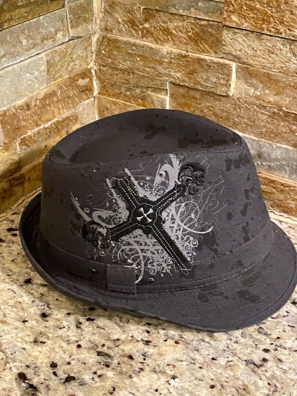Black Graphic Fedora Hat with Cross Design